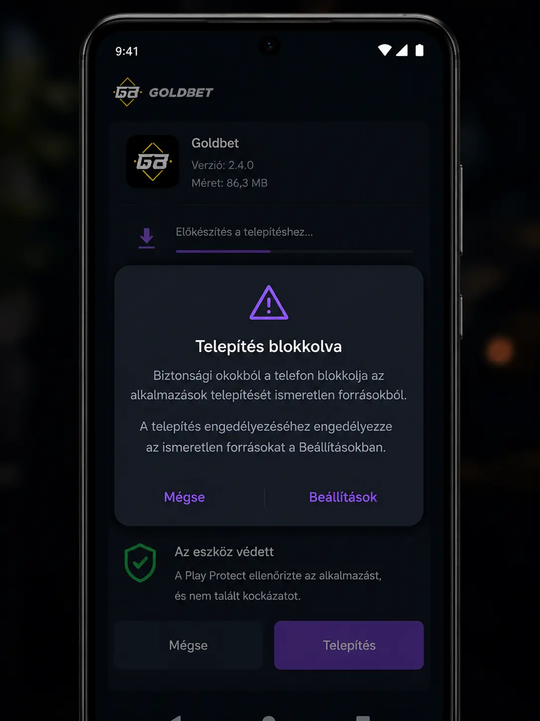 Hibaüzenet képernyője Android telepítés közben, ismeretlen forrás figyelmeztetéssel