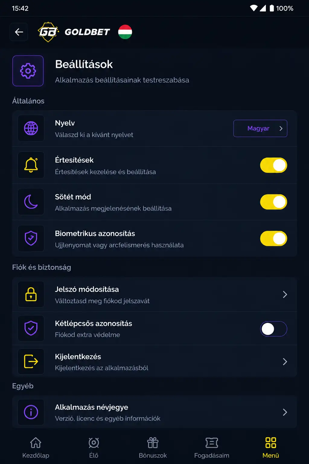Goldbet alkalmazás beállítások menüje — nyelv, értesítések, biometrikus azonosítás