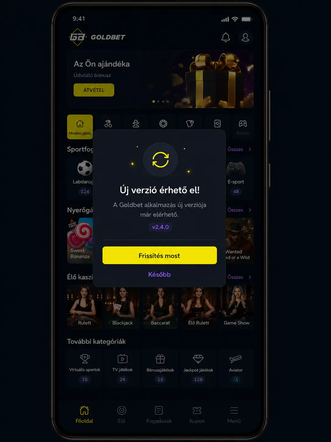 Frissítés értesítése a Goldbet alkalmazásban, verziószám megjelenítésével