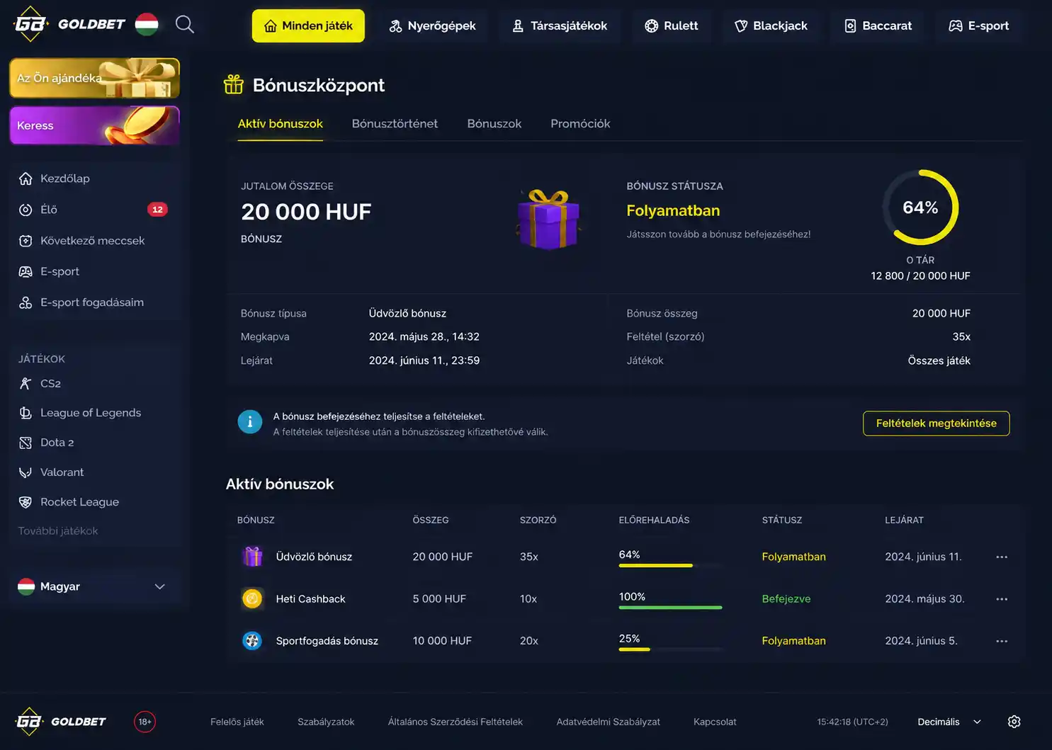 A Goldbet bónuszközpont felülete a jóváírt bónusz és a megforgatási státusz megjelenítésével