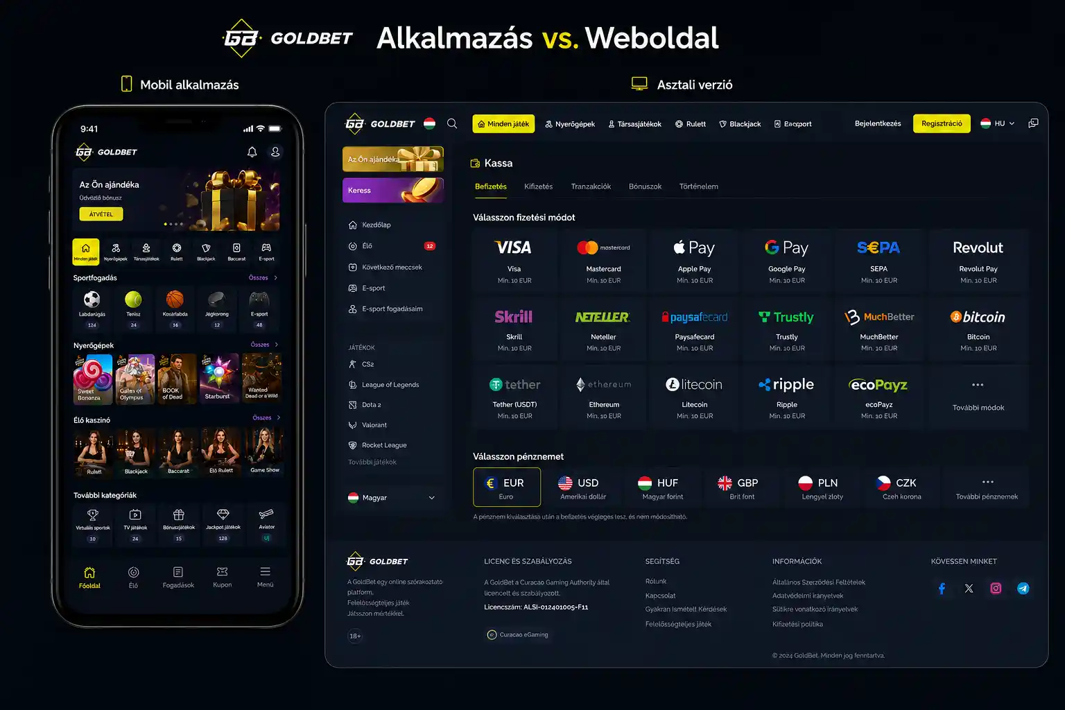 Goldbet alkalmazás és asztali verzió felületének összehasonlítása split-screen nézetben