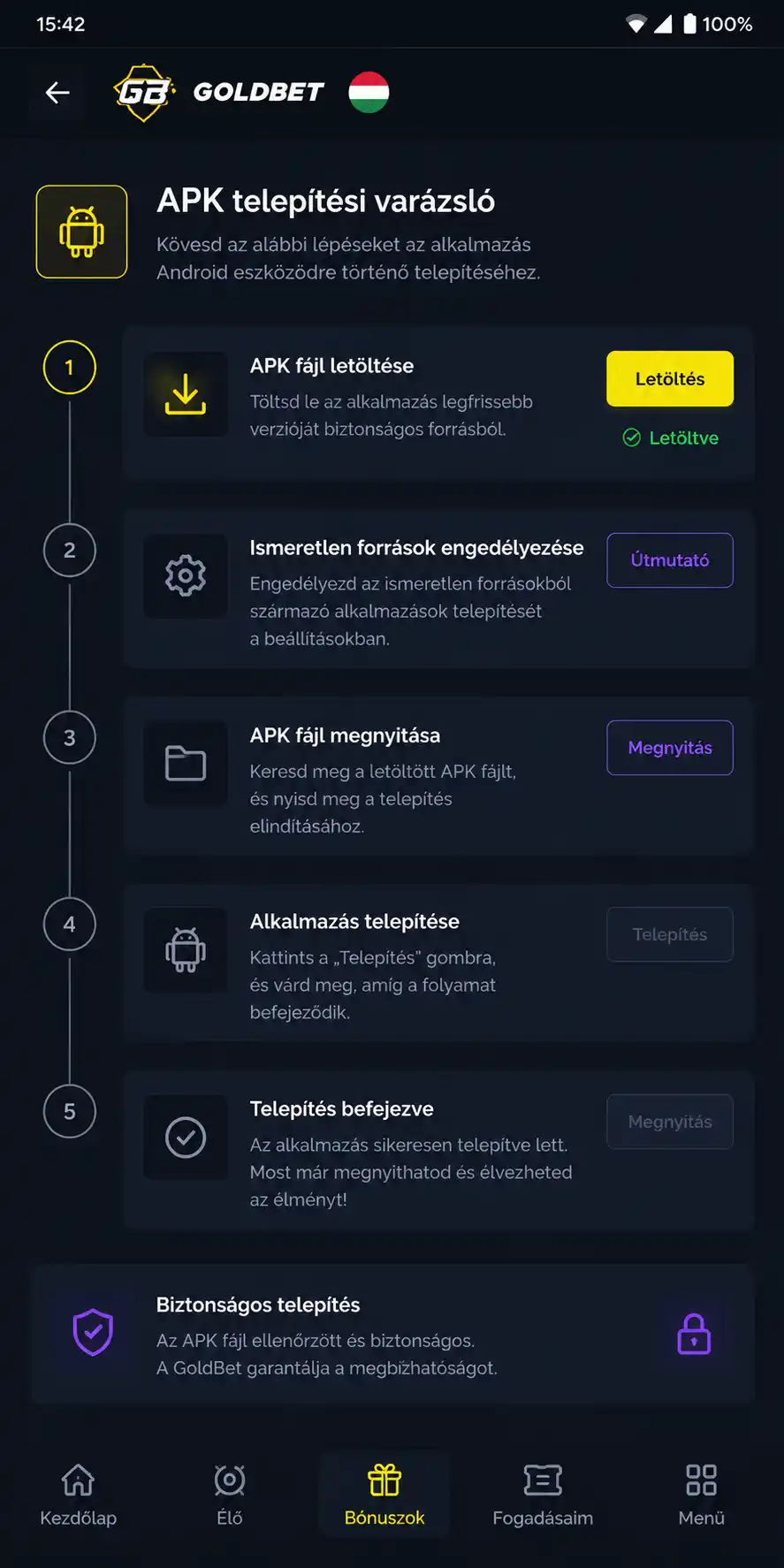 Goldbet APK telepítési varázsló képernyője Android eszközön