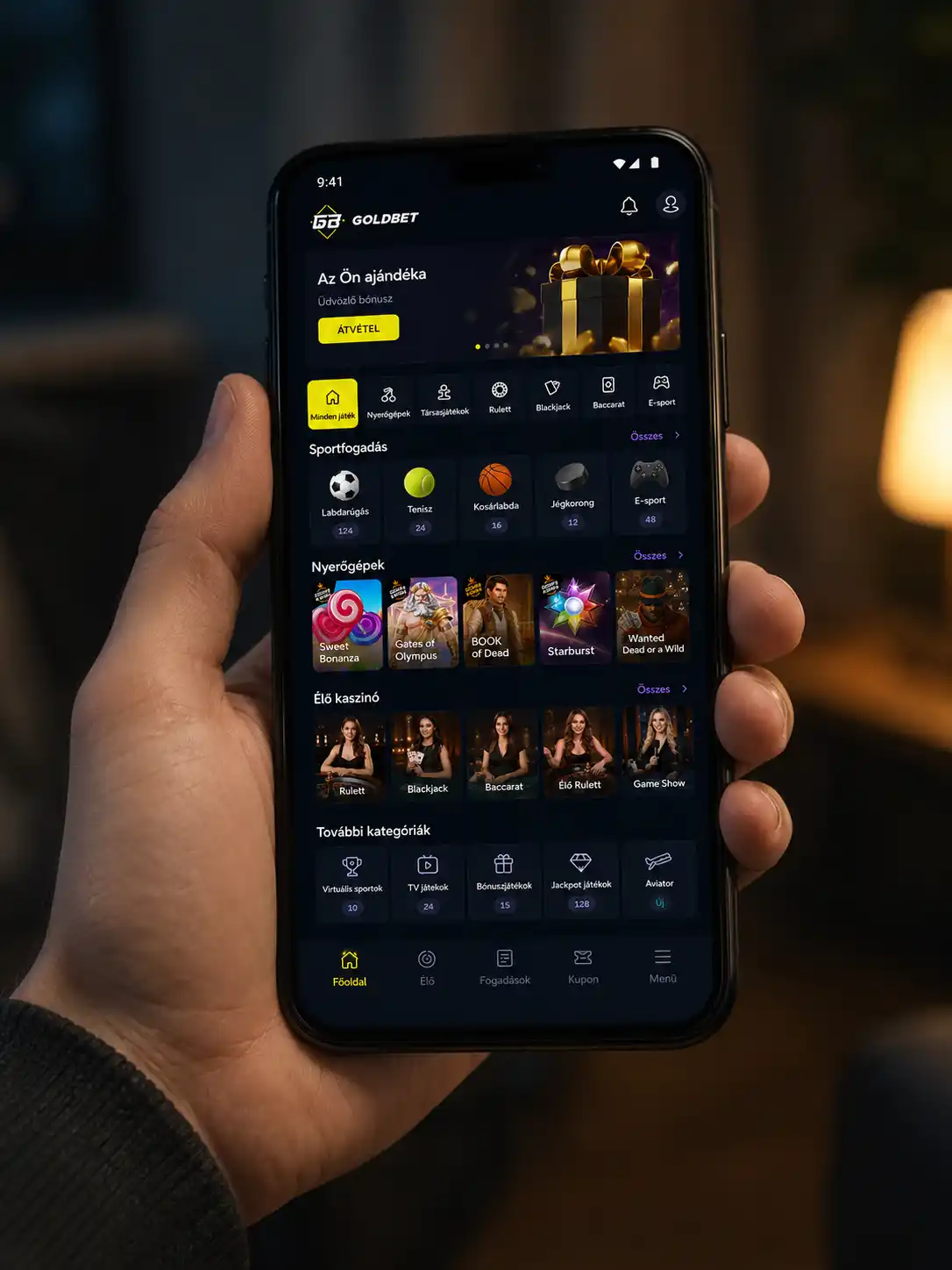 Goldbet alkalmazás főképernyője Android eszközön, játékkategóriákkal