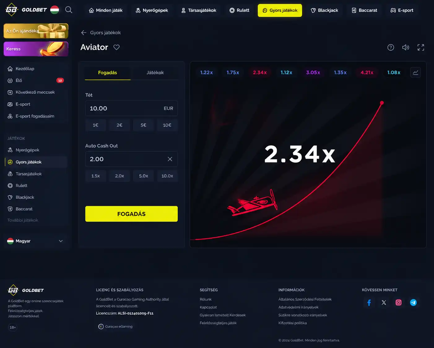 Goldbet Aviator tétbeállítási panel, a két tétmezővel és az Auto Cash Out gombbal