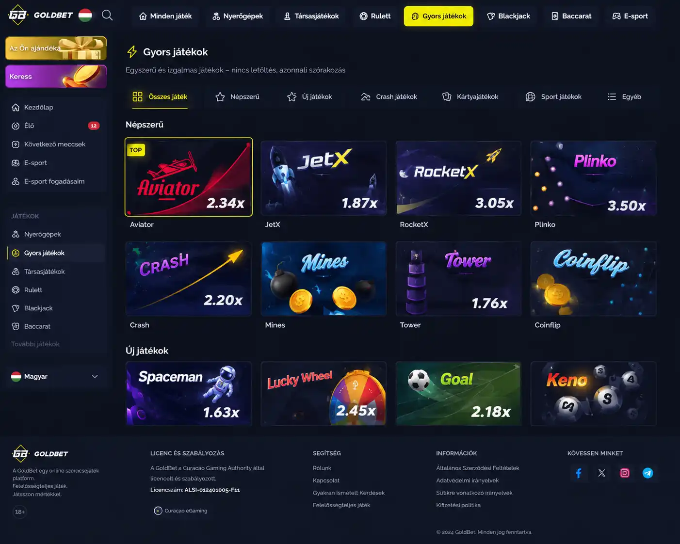 Goldbet gyorsjátékok kategória felülete, az Aviator ikonjával kiemelve