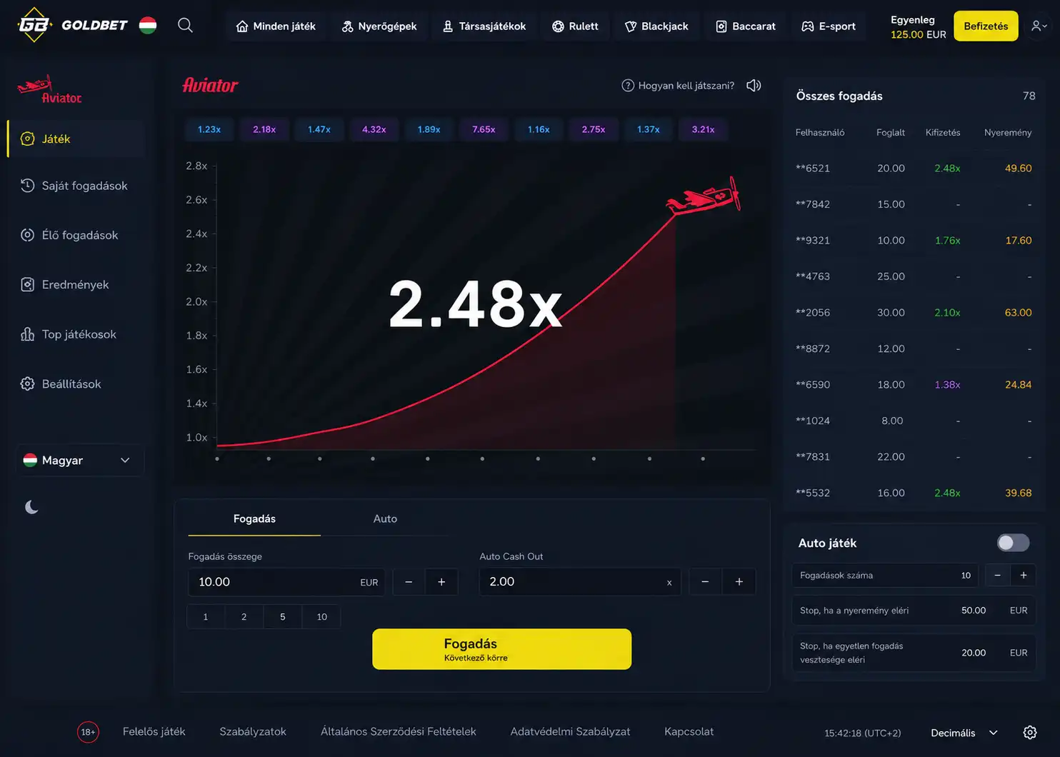 Goldbet Aviator játékfelület, az Auto Cash Out beállítási mezővel
