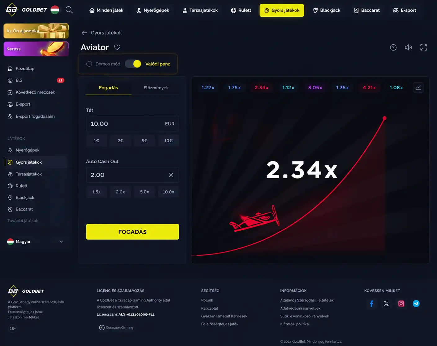 Goldbet Aviator mód-választó felület, demó és valódi pénzes opcióval