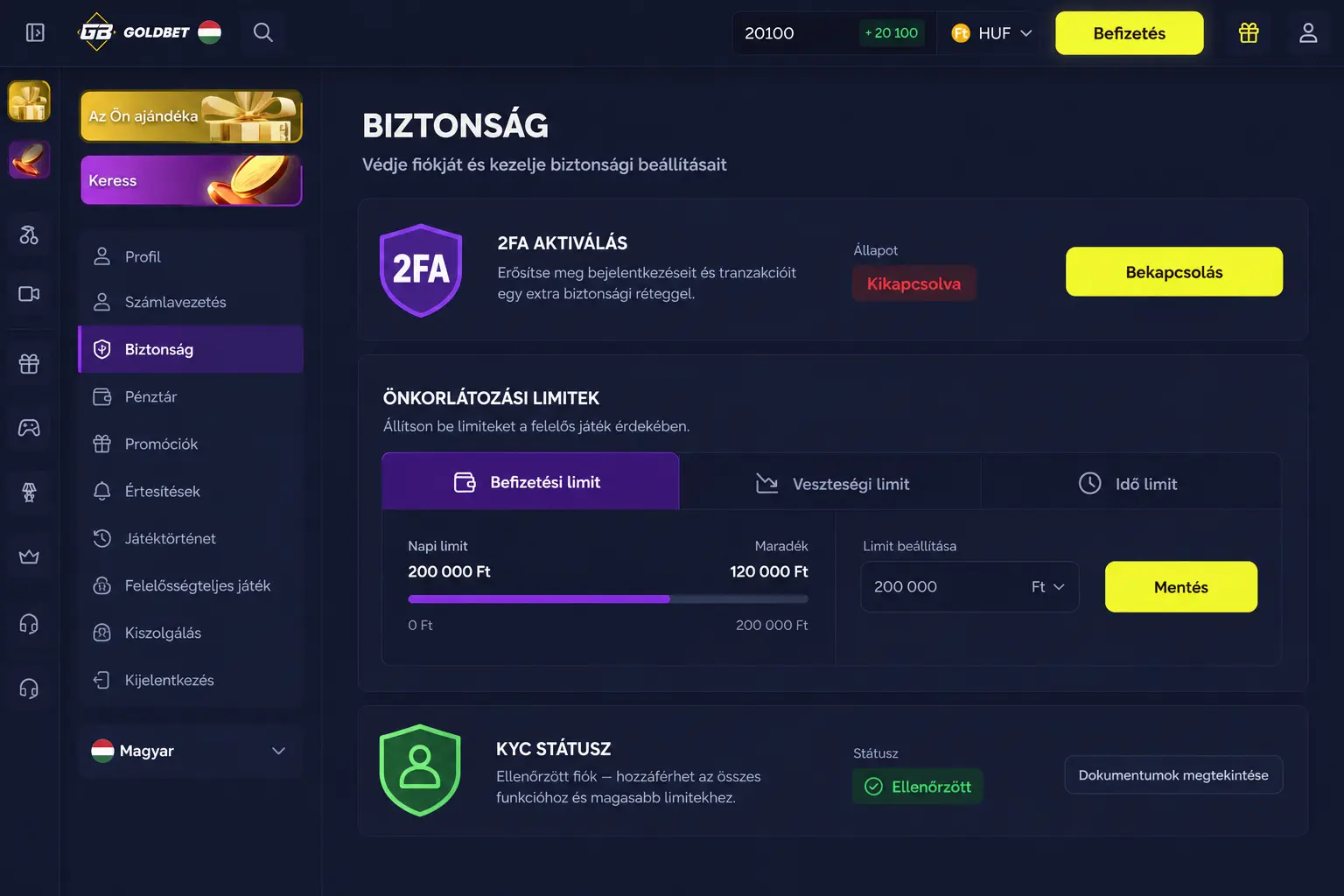 Goldbet biztonsági funkciók — 2FA, önkorlátozási limitek, KYC státusz