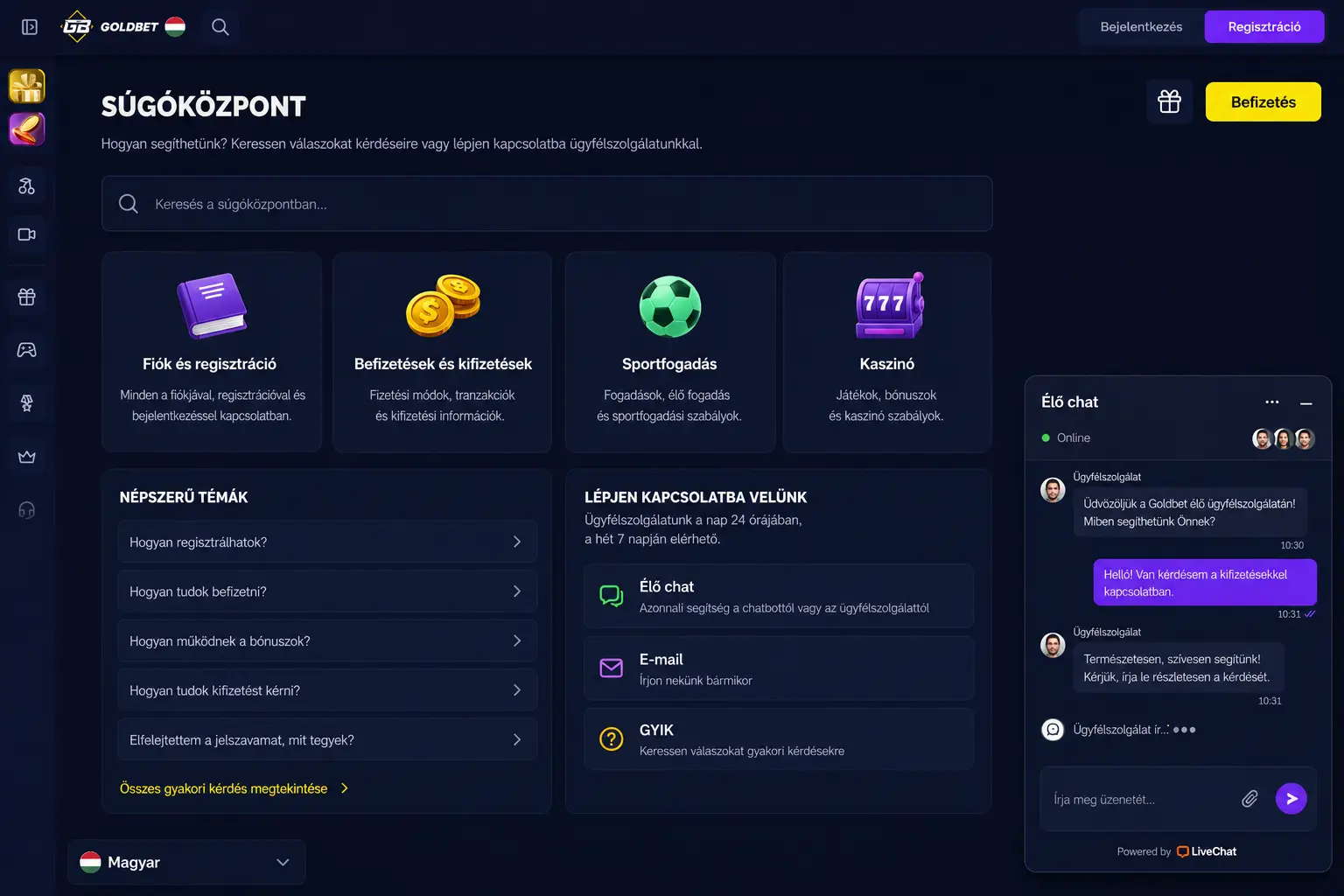 Goldbet élő chat felülete és súgóközpont