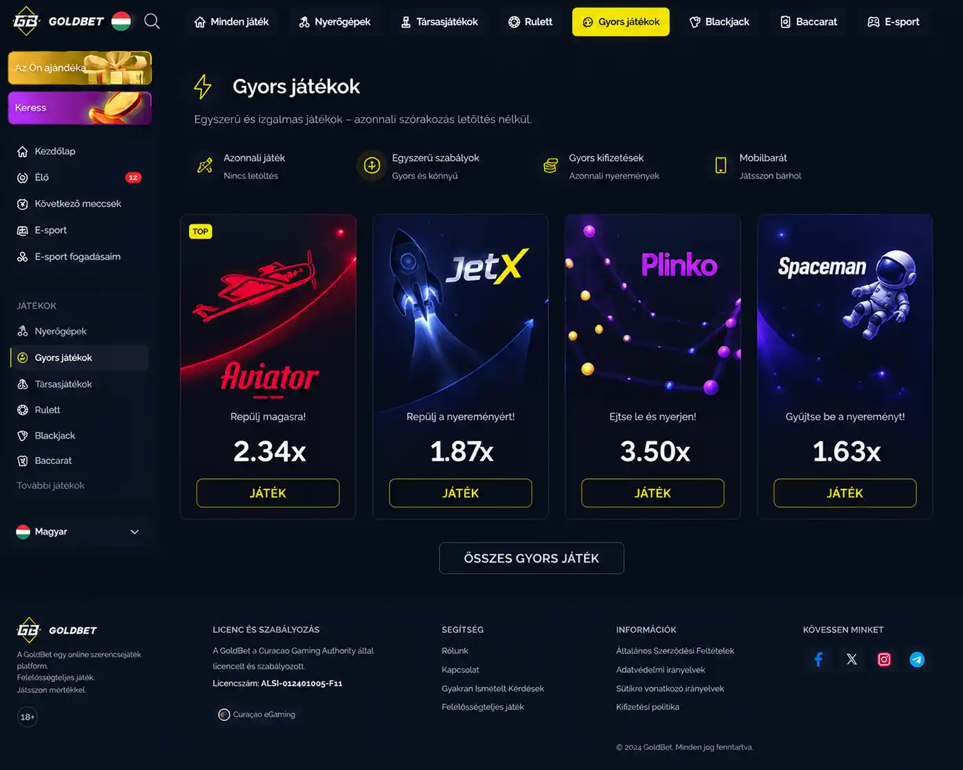 Goldbet gyorsjátékok kategóriájának áttekintő nézete, az Aviator, JetX, Plinko és Spaceman ikonjaival