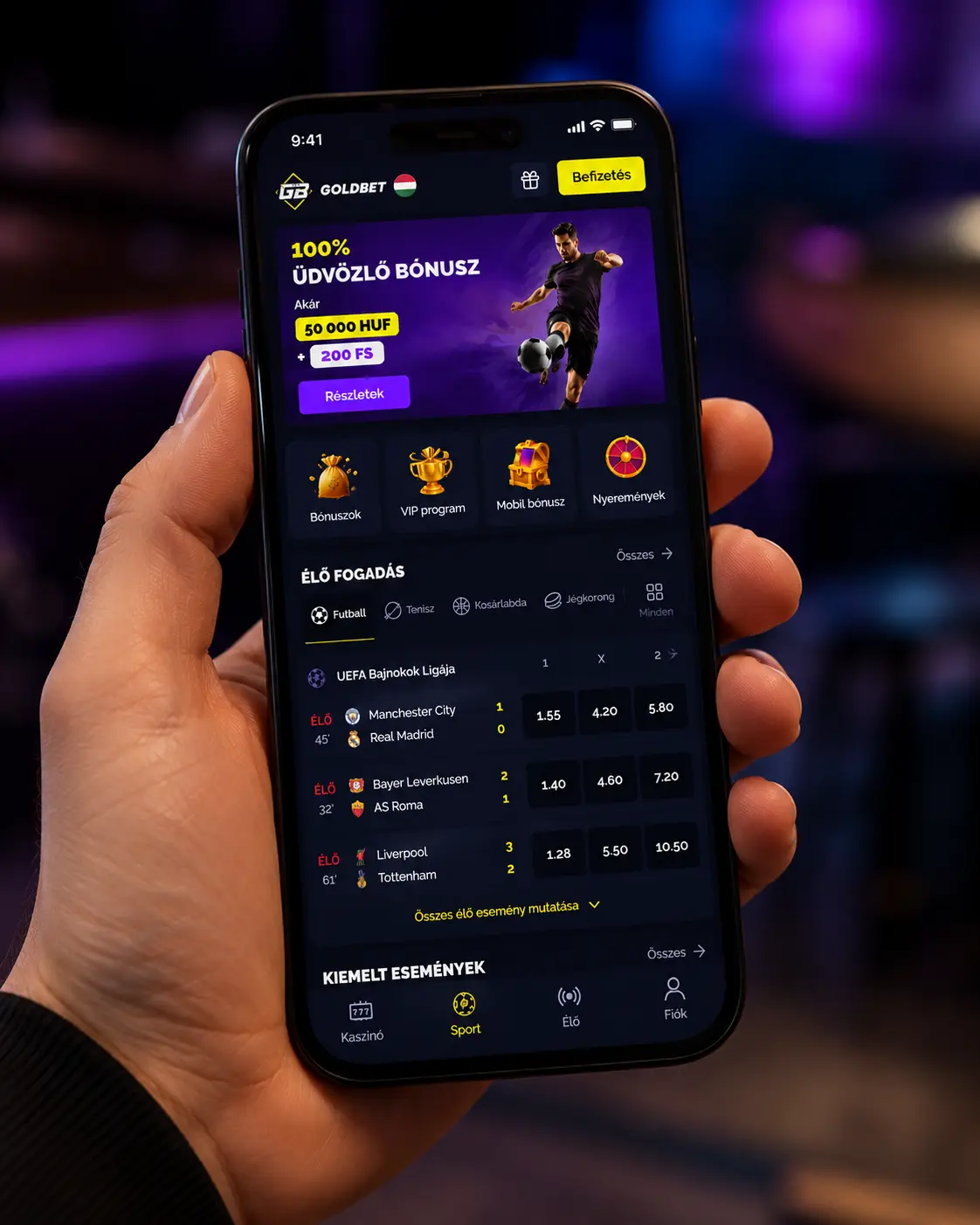 Goldbet mobilalkalmazás főképernyője Androidon
