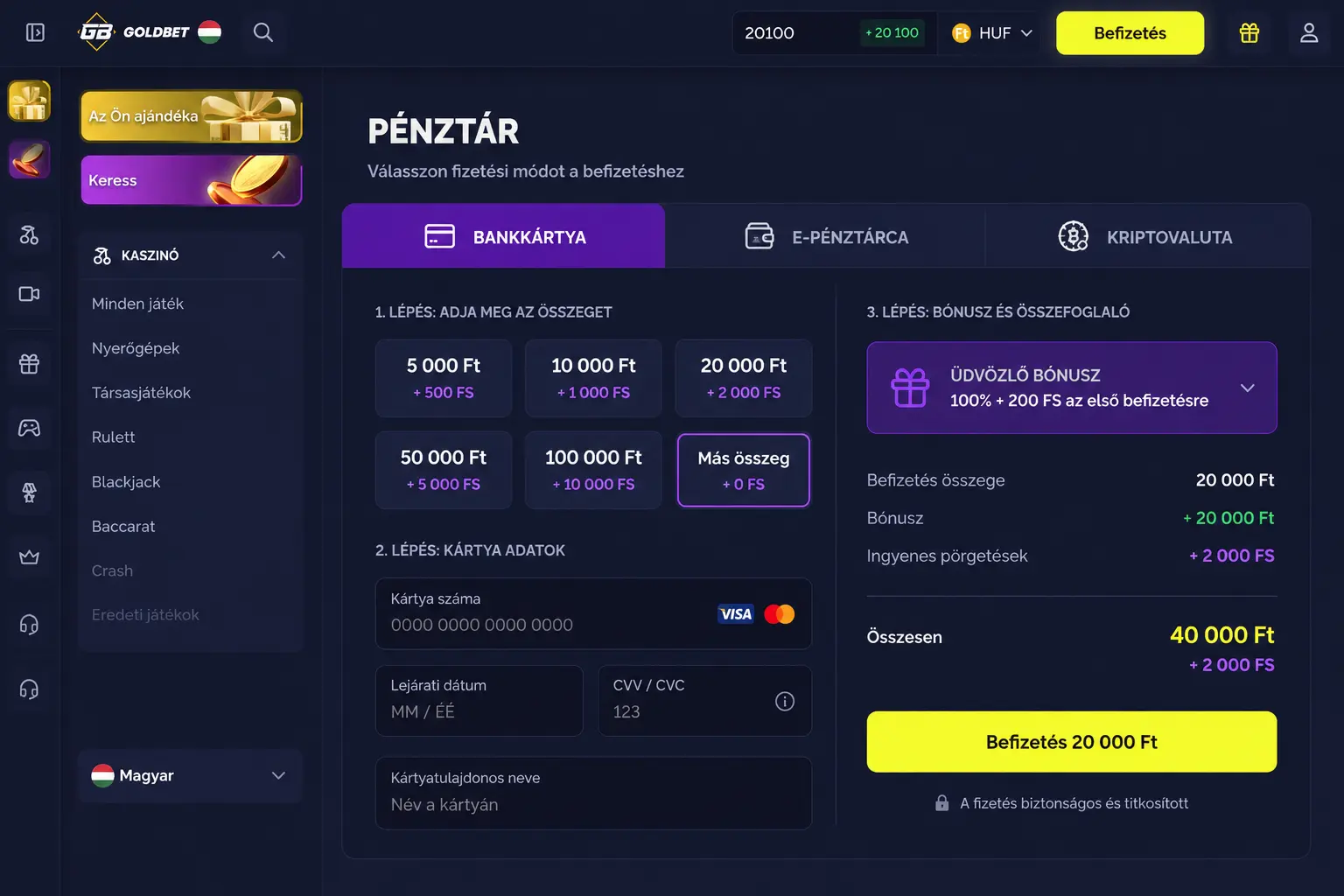 Goldbet pénztár felülete a fő fizetési kategóriákkal