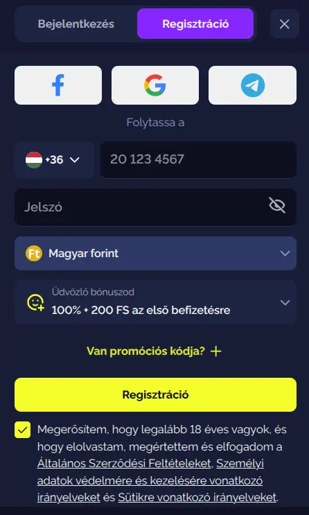 Goldbet regisztrációs űrlap a kötelező mezőkkel