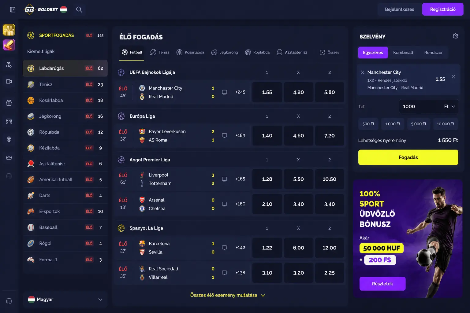 Goldbet sportfogadási felület a fő sportágakkal és aktuális meccsekkel