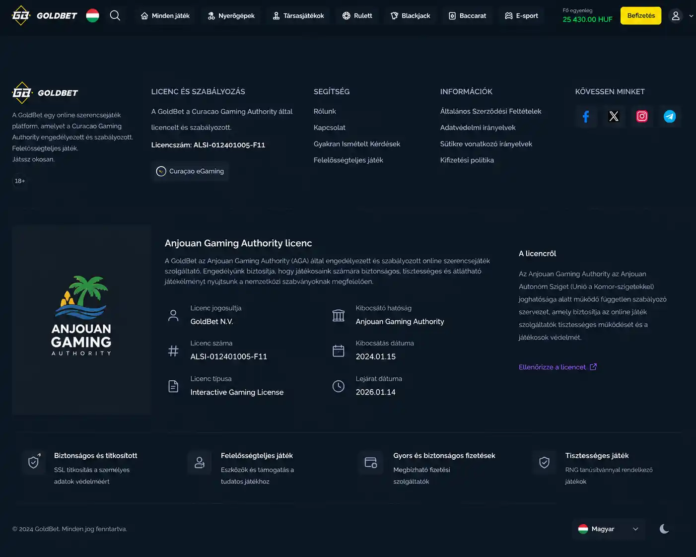 A Goldbet licencinformációs szekciója a weboldal alján, az Anjouan Gaming Authority adataival