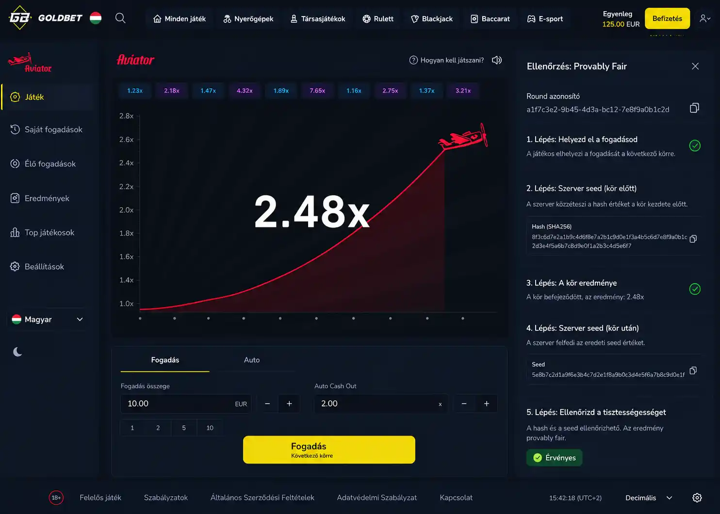 Provably Fair ellenőrző felület illusztrációja egy crash-játékban