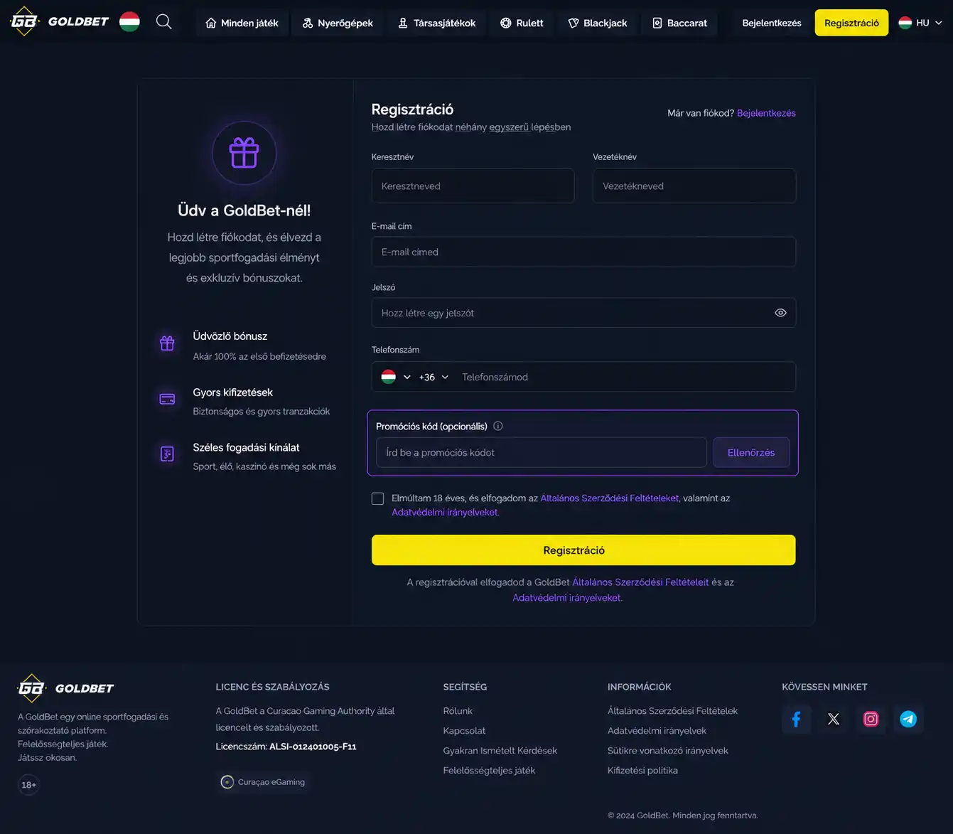 A Goldbet regisztrációs űrlapja a promóciós kód beviteli mezőjével