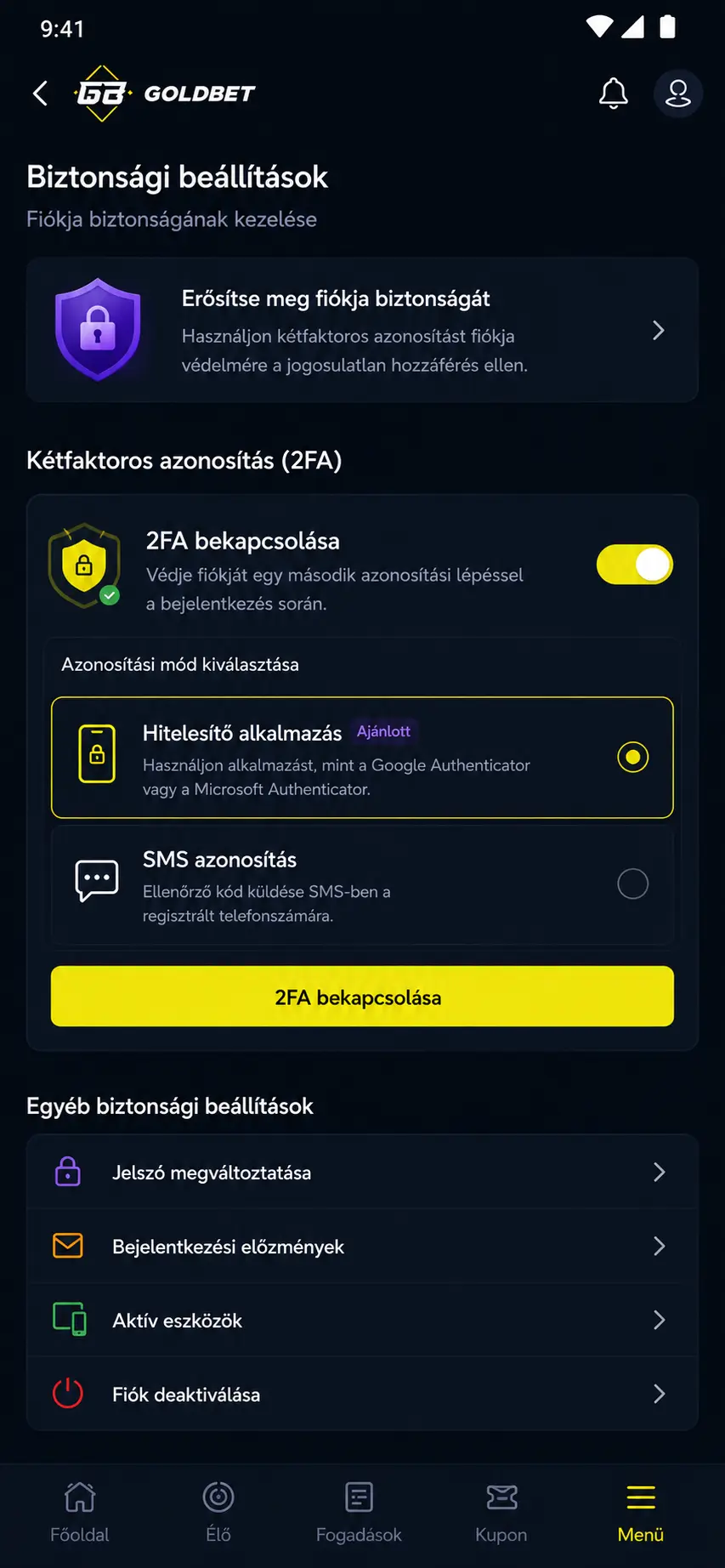 Biztonsági beállítások képernyője — kétfaktoros hitelesítés bekapcsolása